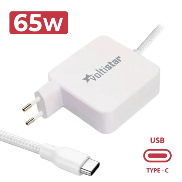 Carregador USB-C Multitensão para Portátil 5V-20V 65W PD/QC3.0 Cabo Entrançado Branco