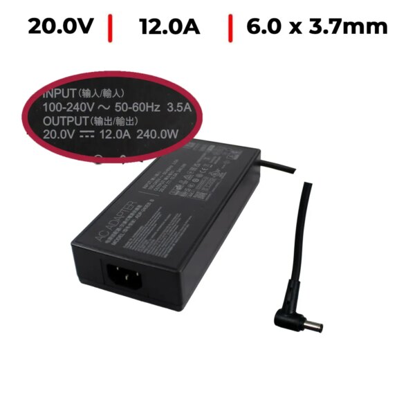 Carregador Portátil ASUS 20V 12A (240W) 6.0x3.7mm - Compatível ROG G703 G752 TUF Gaming A15 A17 ProArt Studiobook Series