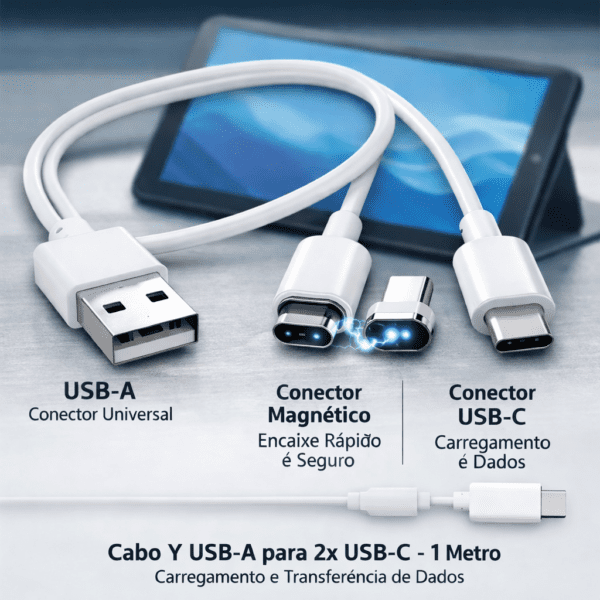 Cabo Y USB-A para 2× USB-C – Branco, com Conector Magnético