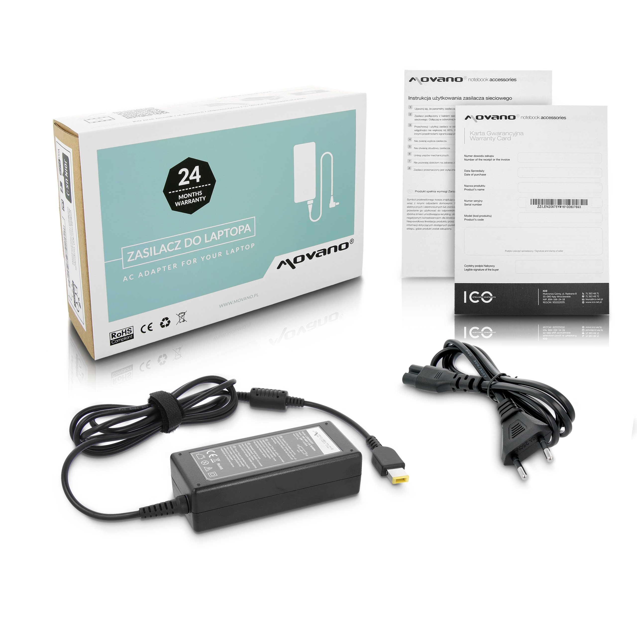 Carregador Movano 65W 20V 3.25A Retangular 11.0x4.5mm para Portáteis Lenovo IdeaPad e ThinkPad Series